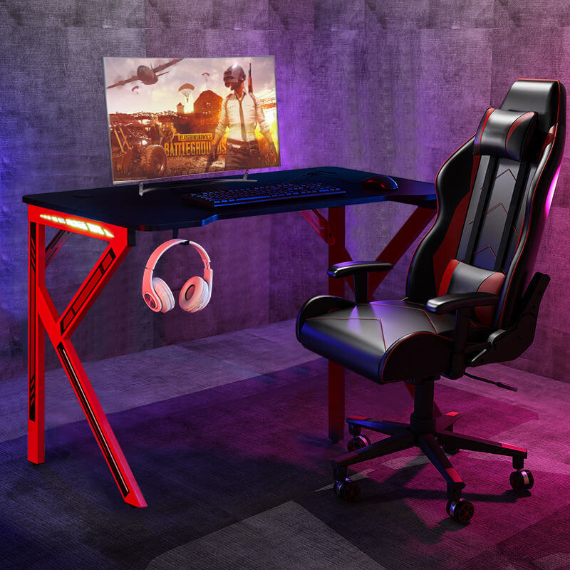 Black Gaming Computer Desk Red Legs with LED Light | Lemroe