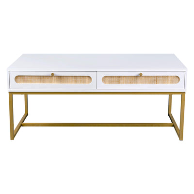 Willis Modern Rectangle White Coffee Table with 2 Storage Drawers Gold Frame | Lemroe