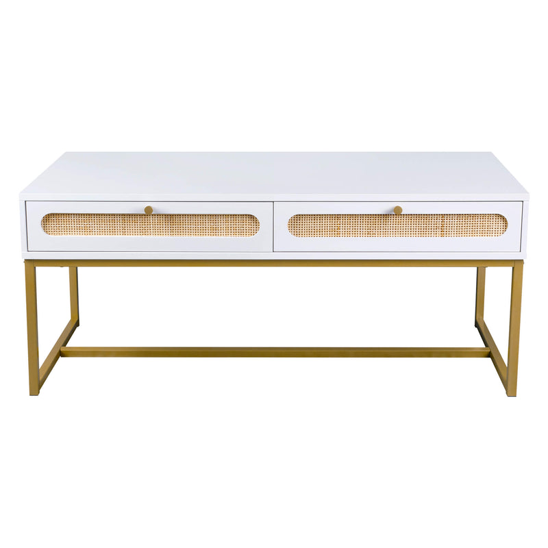 Willis Modern Rectangle White Coffee Table with 2 Storage Drawers Gold Frame | Lemroe