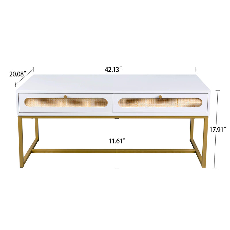Willis Modern Rectangle White Coffee Table with 2 Storage Drawers Gold Frame | Lemroe